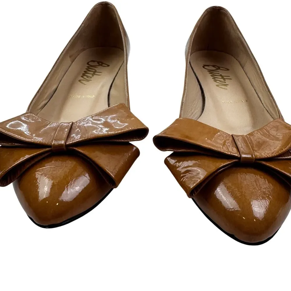 Butter Made In Italy Bow Detail Preppy Dressy Caramel Patent Shoes Women's 7